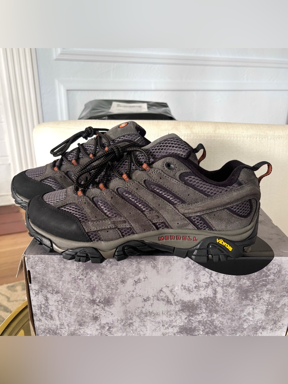 Merrell Moab 3 Vent Mens 9 W Wide Hiking Shoes Beluga Gray Orange Vibram Gorp
